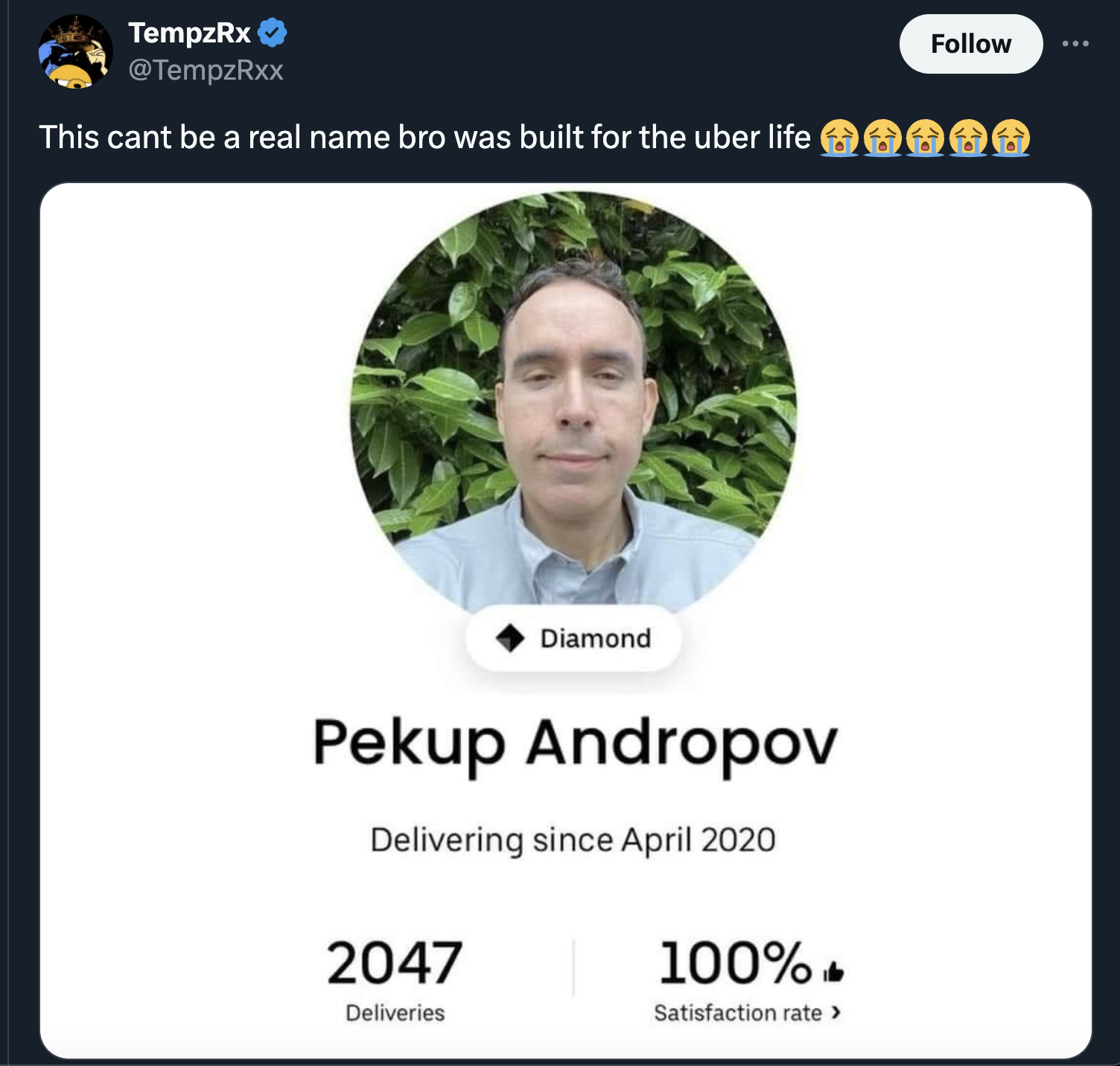 best uber eats driver profiles - TempzRx This cant be a real name bro was built for the uber life Diamond Pekup Andropov Delivering since 2047 100% Deliveries Satisfaction rate >